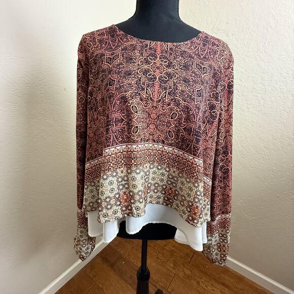 Fourteenth Place Patterned Long Sleeve Blouse Women XL/TG Silk-Look Layered Hem - Picture 1 of 7